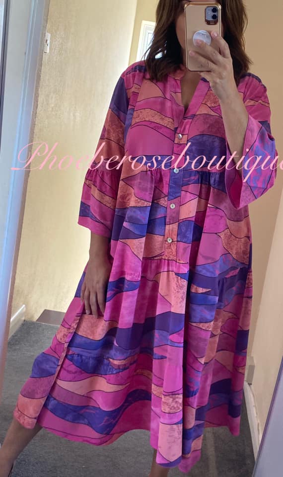 Aztec Print Midi Smock Tired Dress -Hot Pink