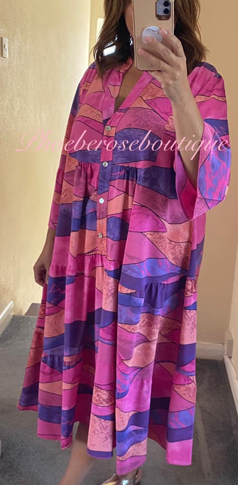 Aztec Print Midi Smock Tired Dress -Hot Pink