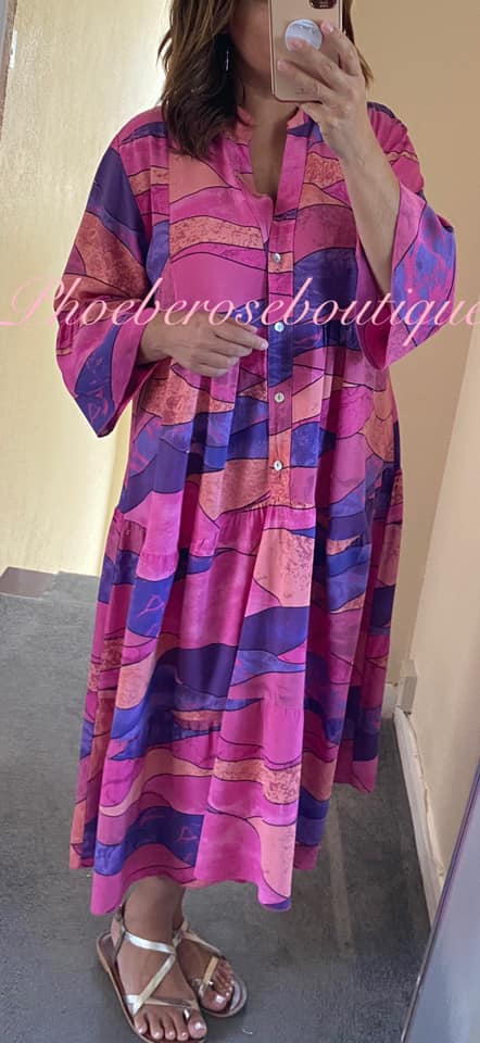 Abstract Print Midi Smock Tired Dress -Hot Pink - Image 3