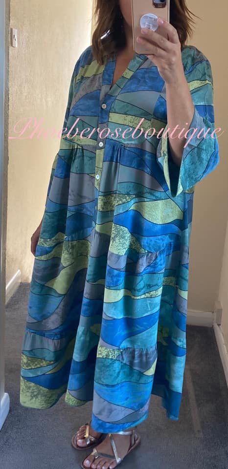 Abstract Print Midi Smock Tired Dress -Khaki - Image 3