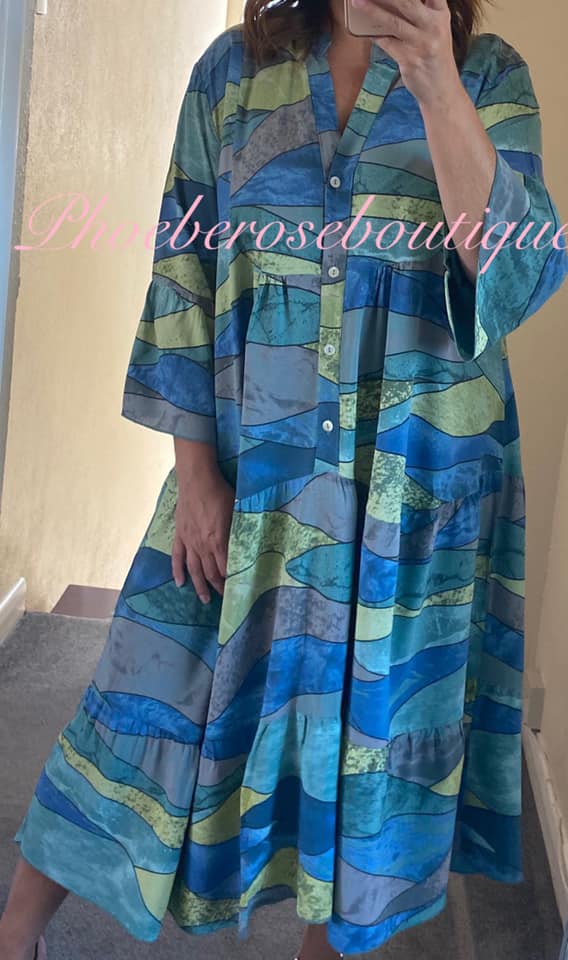 Aztec Print Midi Smock Tired Dress -Khaki