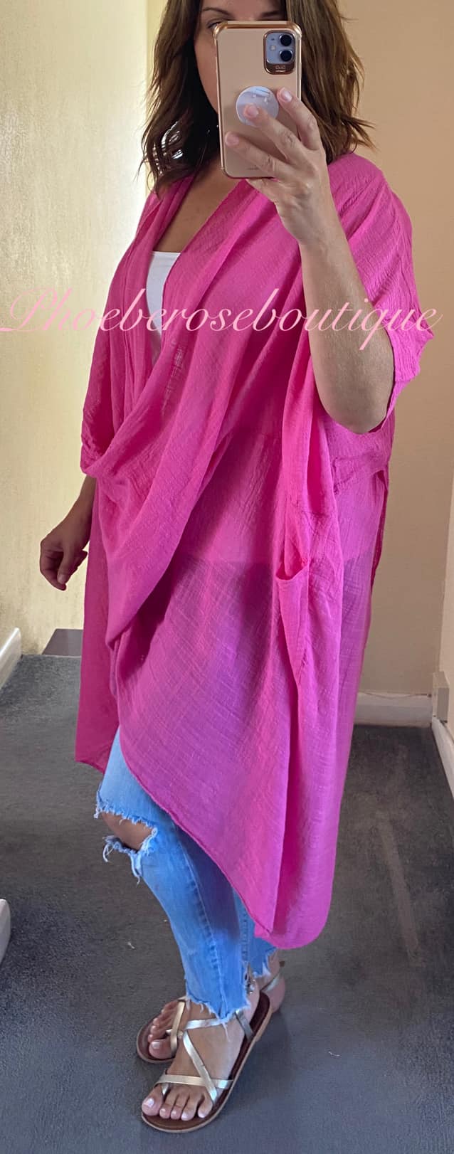 Cowl Neck Oversized Cheesecloth Longline Top - Hot Pink - Image 3