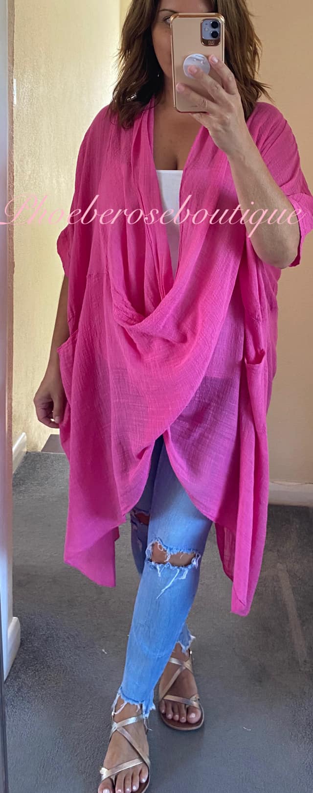 Cowl Neck Oversized Cheesecloth Longline Top - Hot Pink