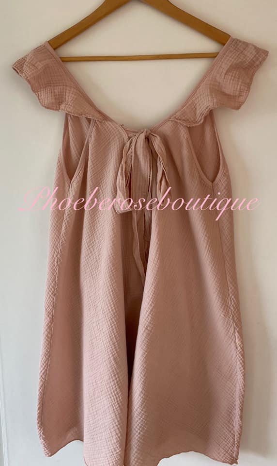 Cheesecloth Tie Back Frill Shoulder Top - Soft Dusky Pink - Image 4