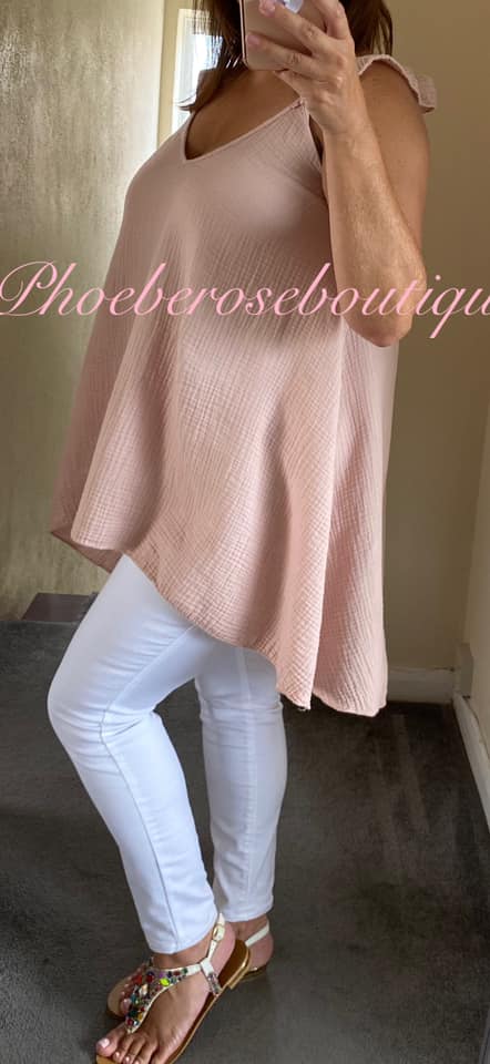 Cheesecloth Tie Back Frill Shoulder Top - Soft Dusky Pink - Image 3