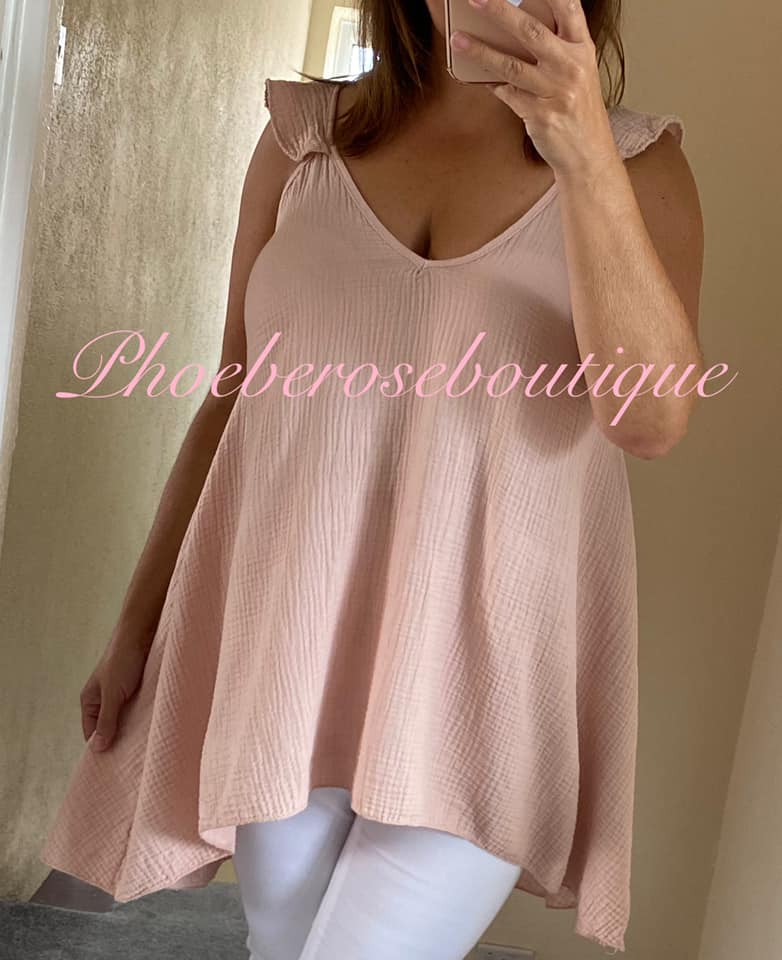 Cheesecloth Tie Back Frill Shoulder Top - Soft Dusky Pink