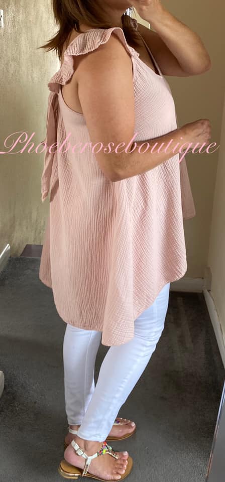 Cheesecloth Tie Back Frill Shoulder Top - Soft Dusky Pink