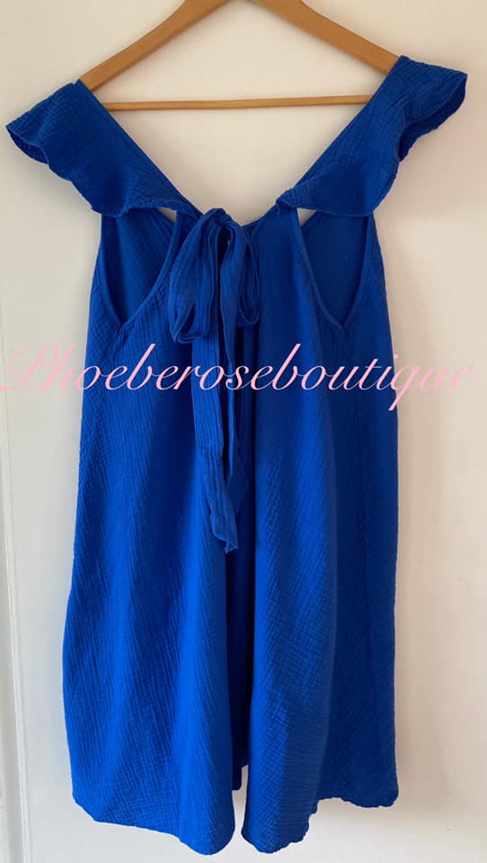 Cheesecloth Tie Back Frill Shoulder Top - Royal Blue - Image 4