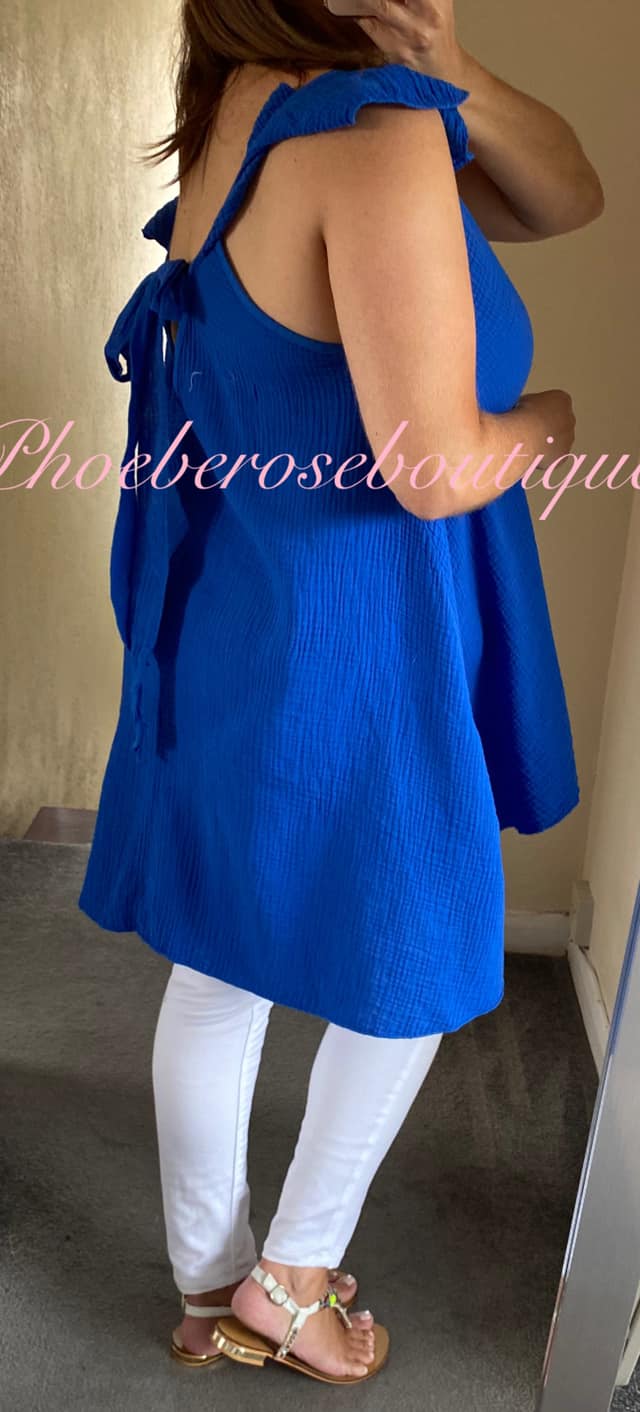 Cheesecloth Tie Back Frill Shoulder Top - Royal Blue - Image 3
