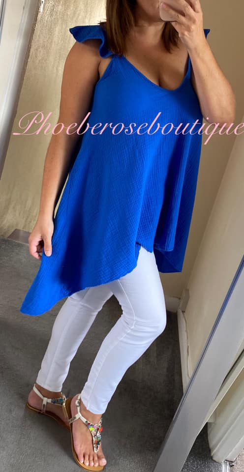 Cheesecloth Tie Back Frill Shoulder Top - Royal Blue