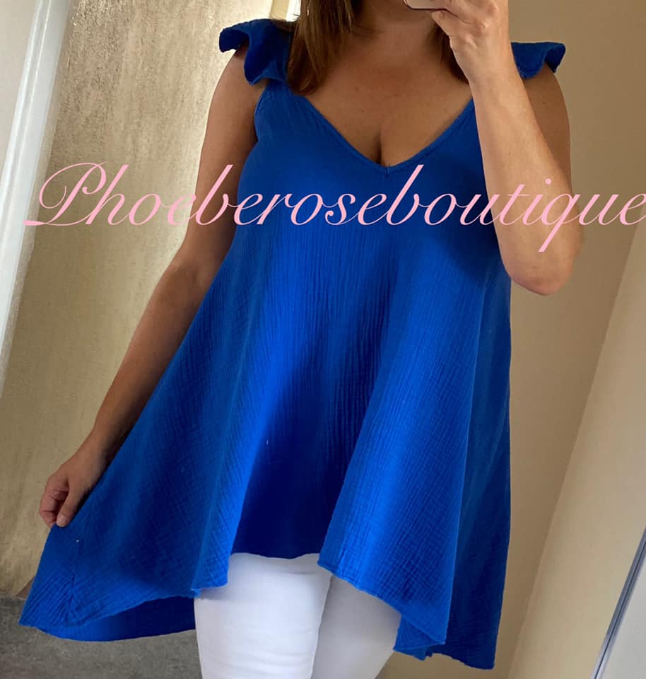 Cheesecloth Tie Back Frill Shoulder Top - Royal Blue