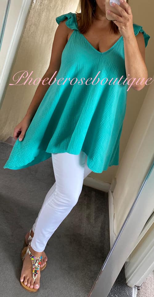 Cheesecloth Tie Back Frill Shoulder Top - Aqua - Image 4