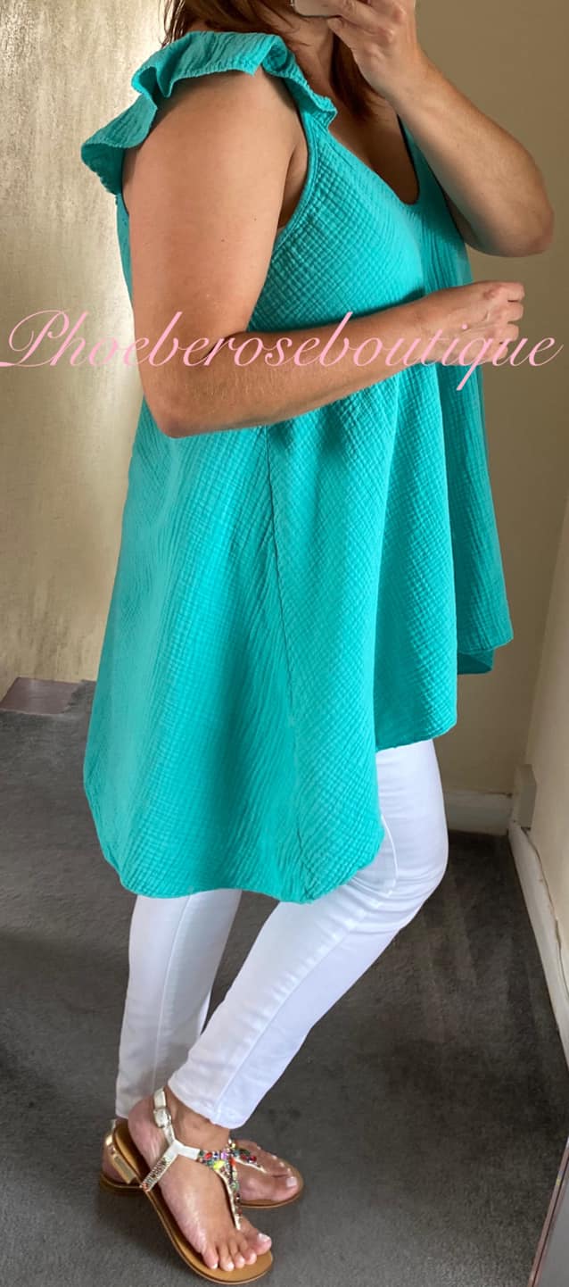 Cheesecloth Tie Back Frill Shoulder Top - Aqua