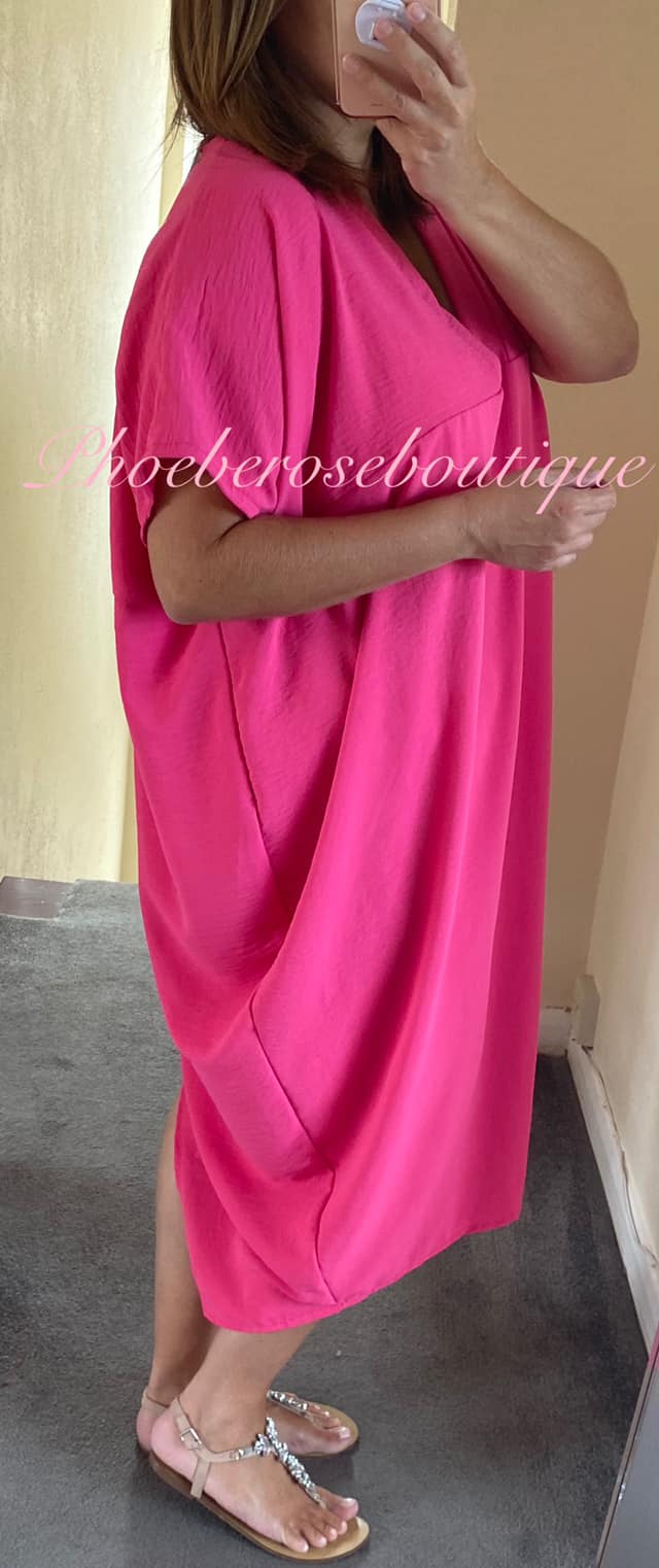 V Neck Loose Fit Batwing Drape Dress - Hot Pink - Image 3