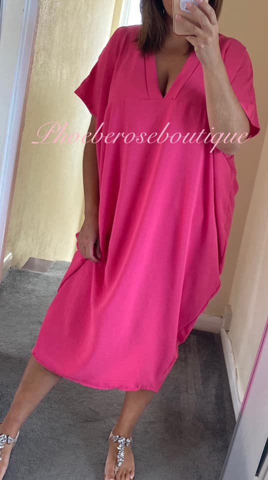 V Neck Loose Fit Batwing Drape Dress - Hot Pink