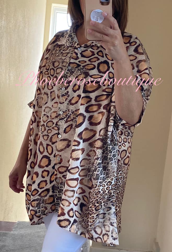 Satin Feel Animal Print Puff Sleeve Shirt - Camel Mix