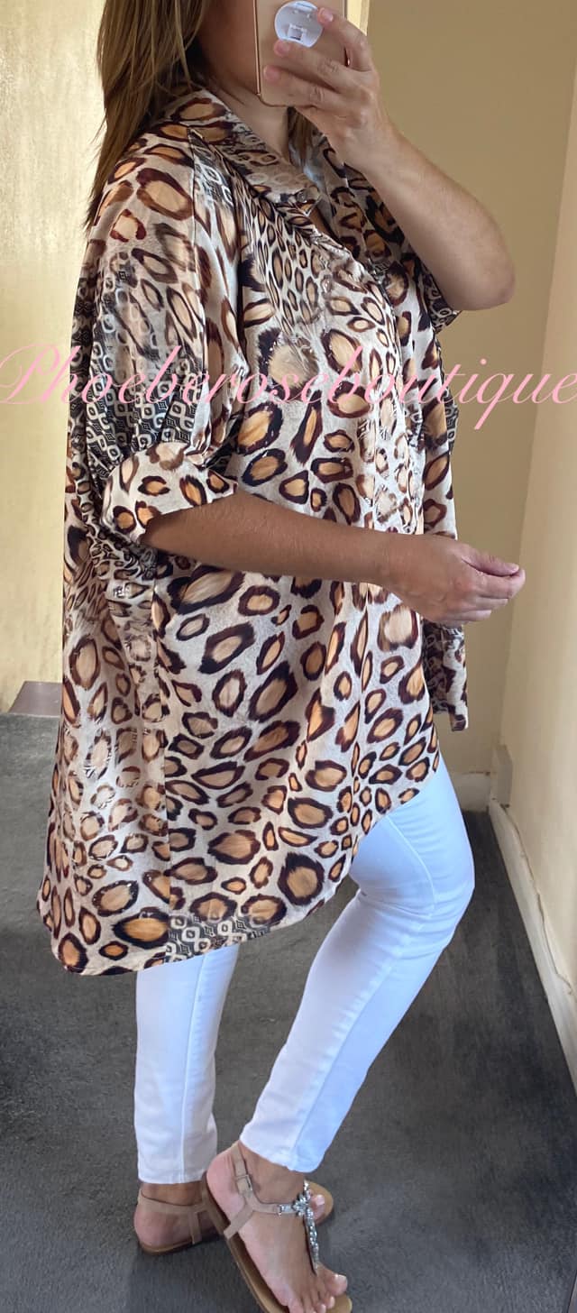 Satin Feel Animal Print Puff Sleeve Shirt - Camel Mix - Image 3