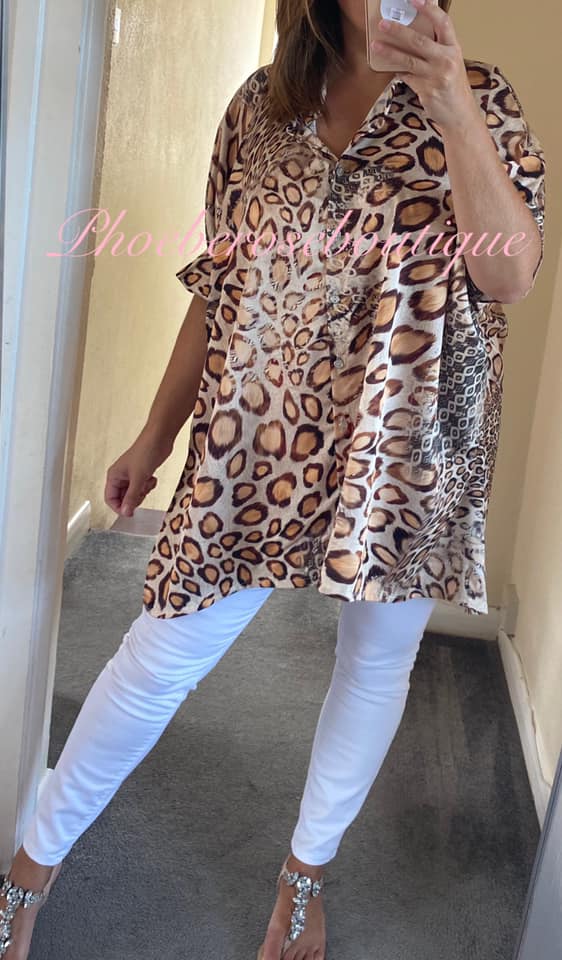 Satin Feel Animal Print Puff Sleeve Shirt - Camel Mix