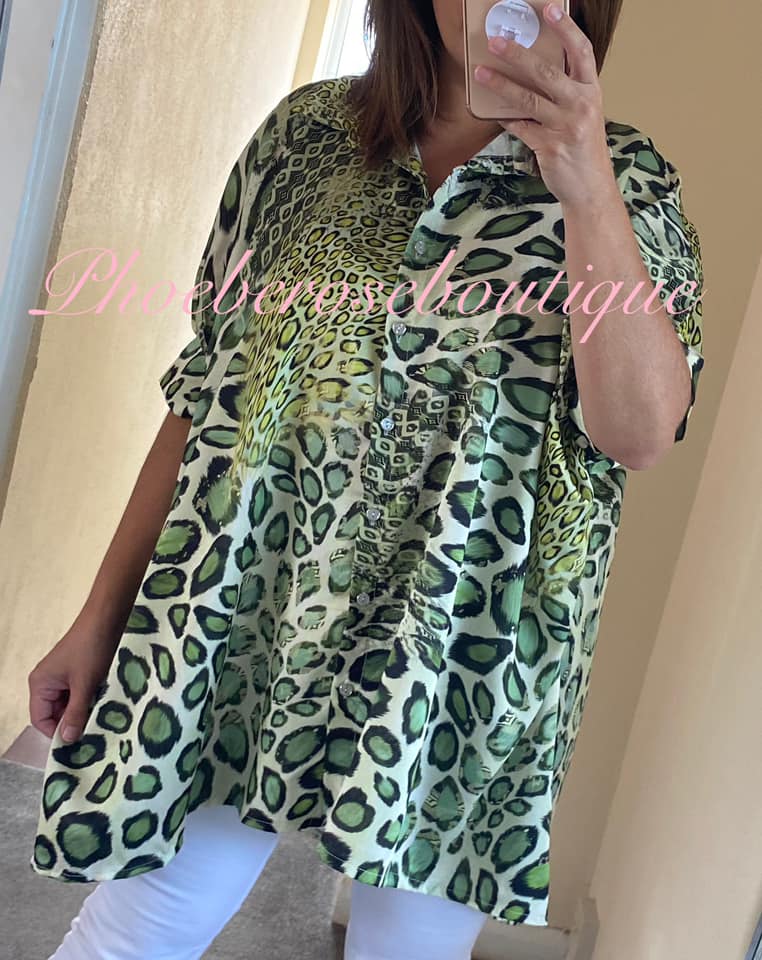 Satin Feel Animal Print Puff Sleeve Shirt - Green