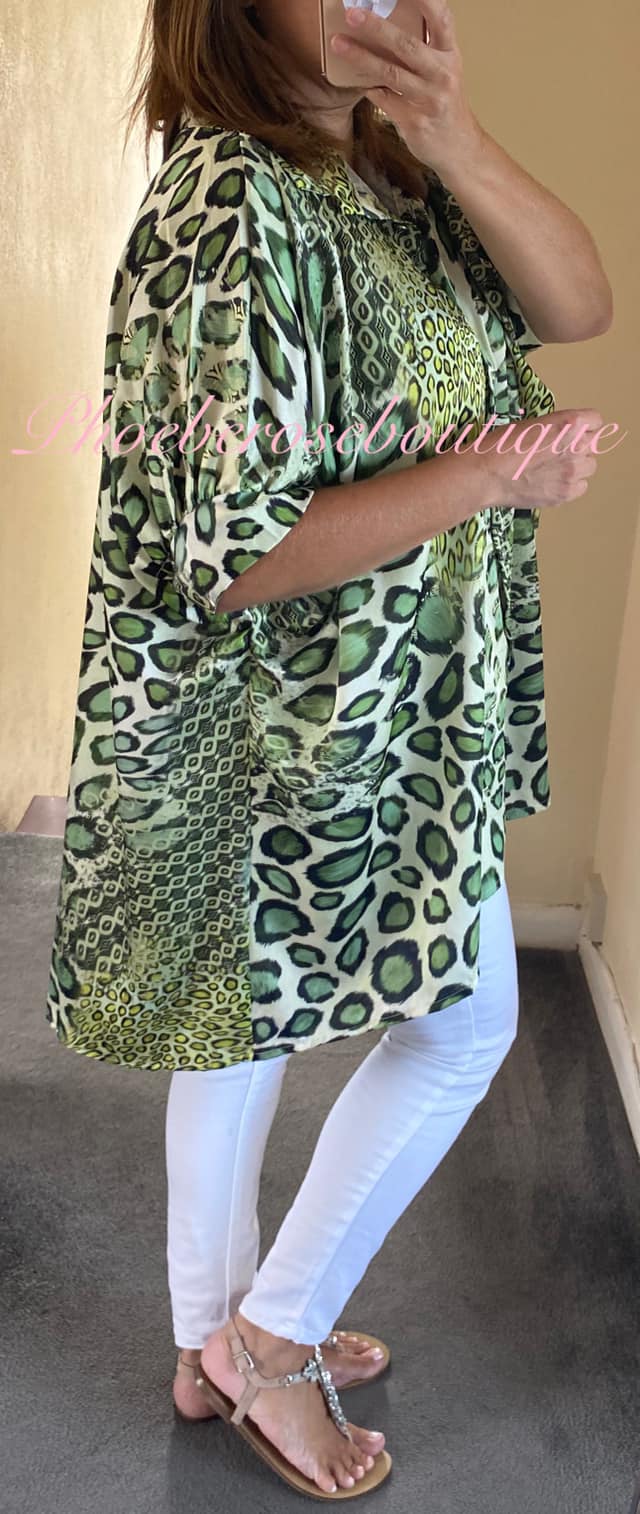Satin Feel Animal Print Puff Sleeve Shirt - Green