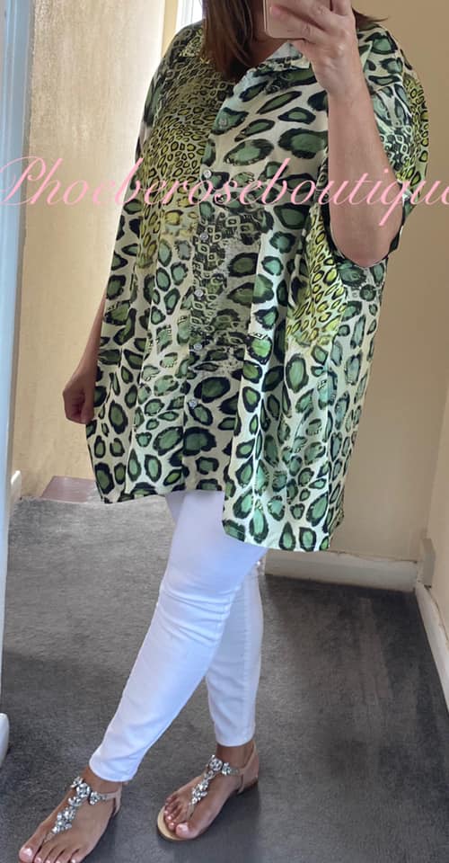 Satin Feel Animal Print Puff Sleeve Shirt - Green - Image 3