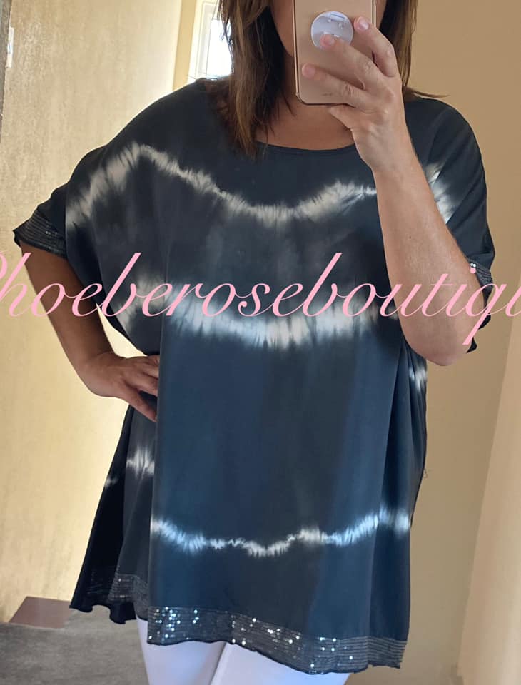 Tie Dye Sequin Trim Top - Dark Grey