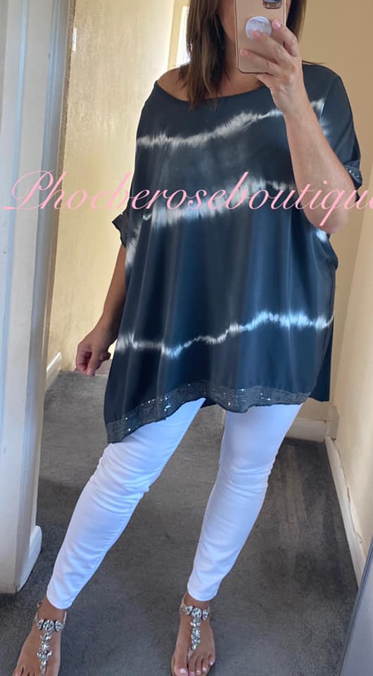 Tie Dye Sequin Trim Top - Dark Grey