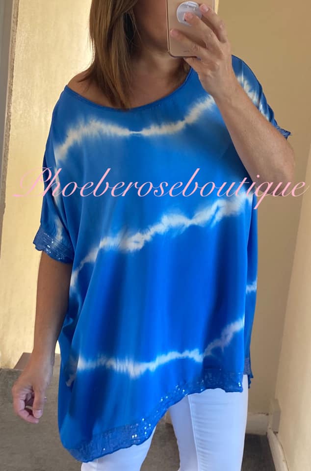 Tie Dye Sequin Trim Top - Royal Blue