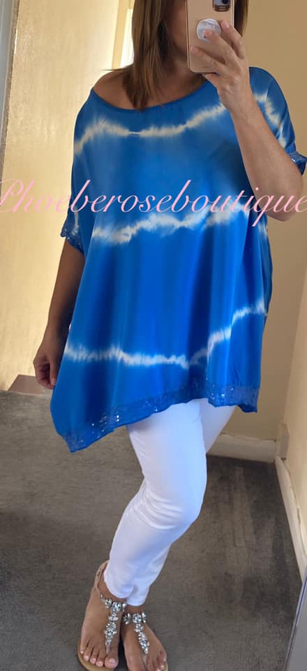 Tie Dye Sequin Trim Top - Royal Blue