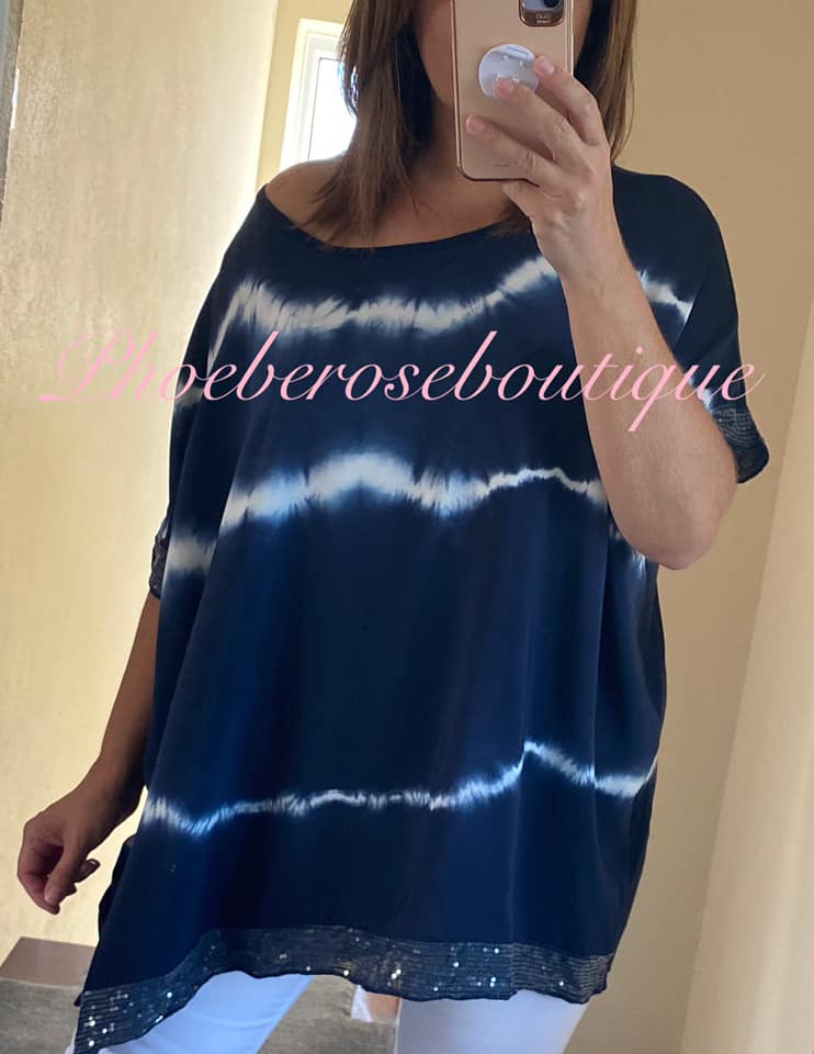 Tie Dye Sequin Trim Top - Navy