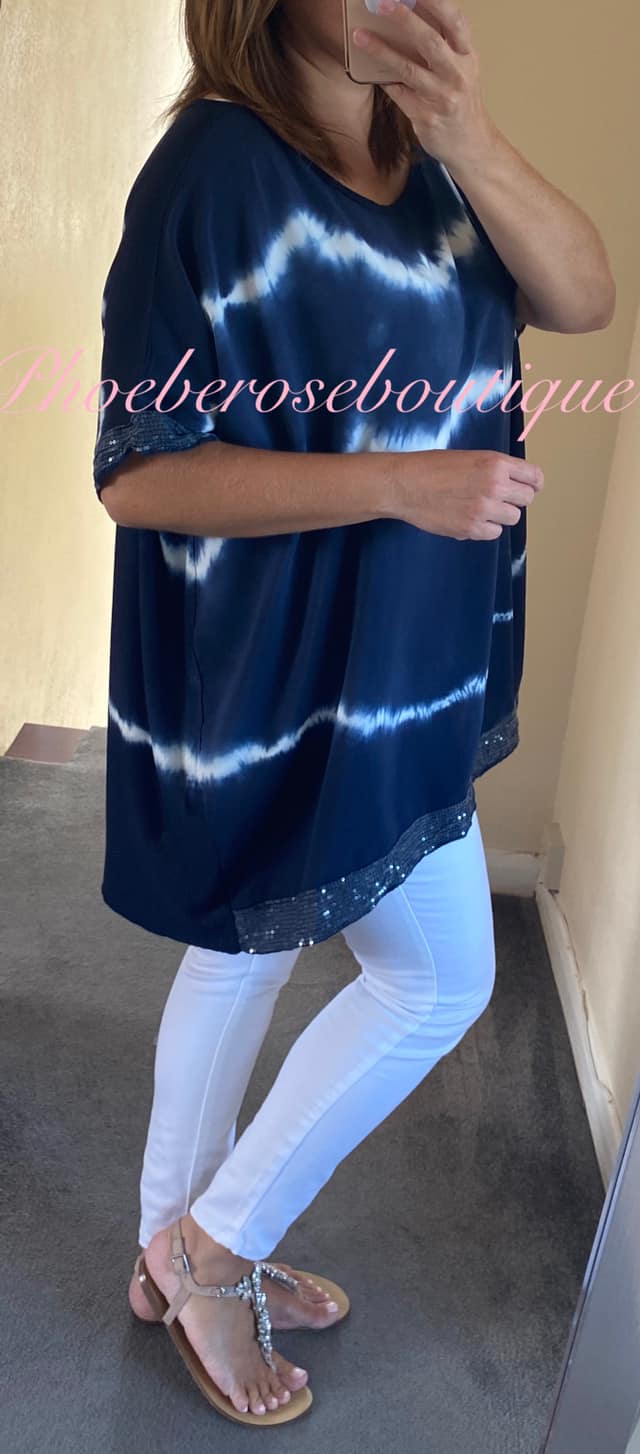 Tie Dye Sequin Trim Top - Navy