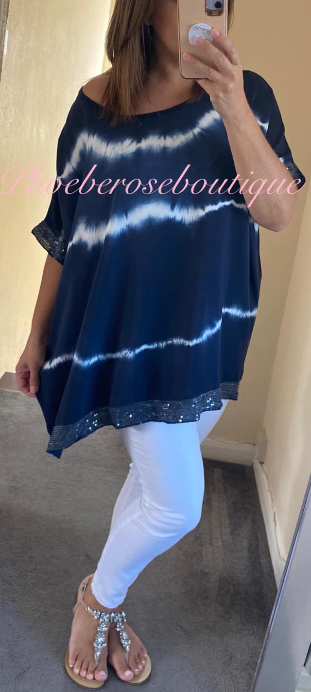 Tie Dye Sequin Trim Top - Navy - Image 3