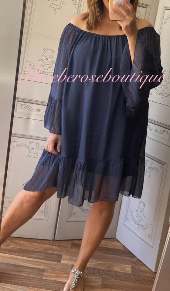 Lux Silk Bardot Frill Hem and Sleeve Dress/Tunic - Navy