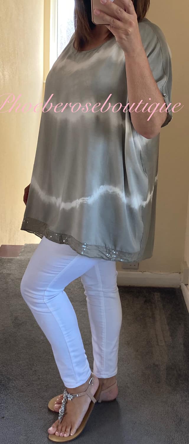 Tie Dye Sequin Trim Top - Mocha
