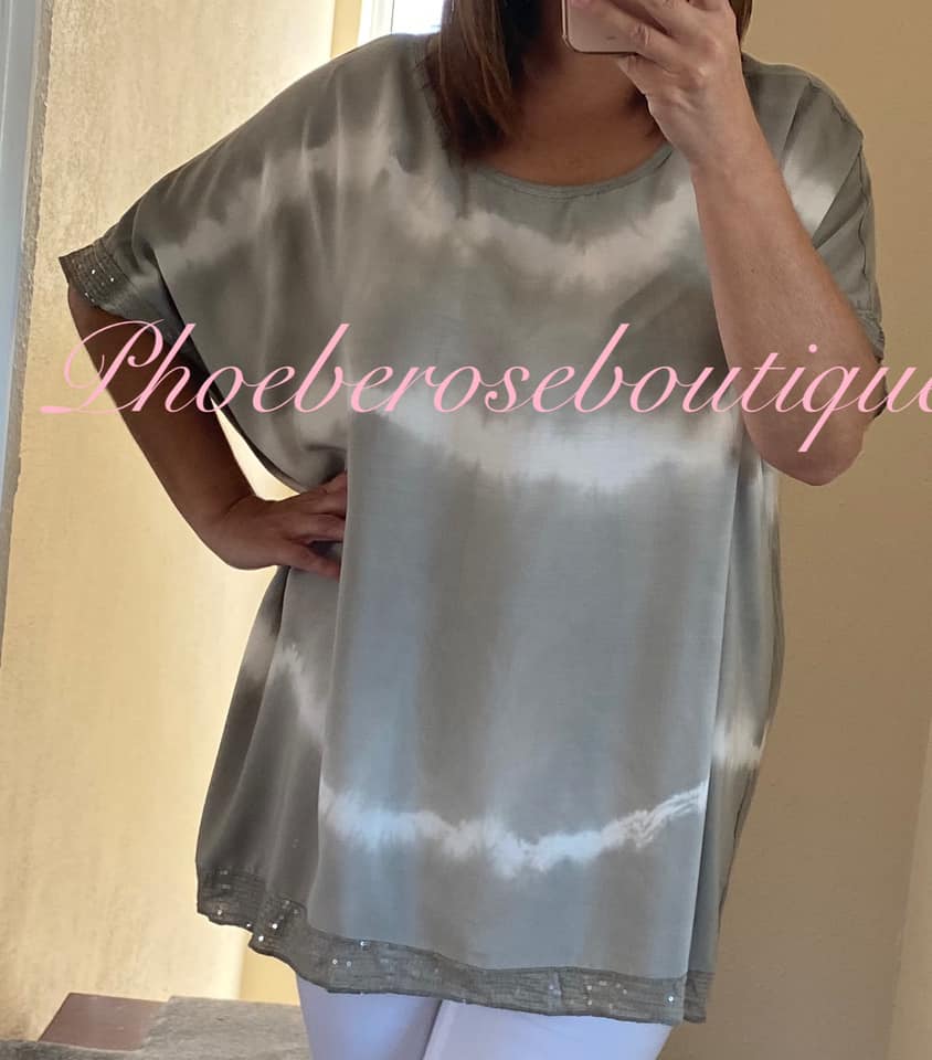 Tie Dye Sequin Trim Top - Mocha