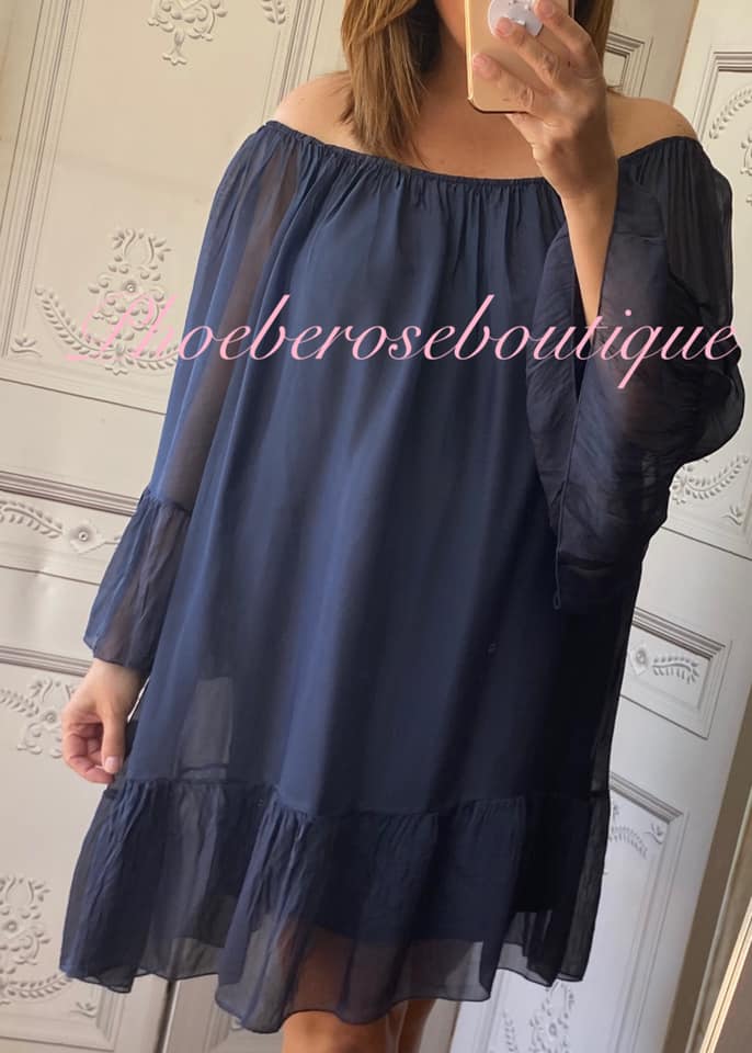 Lux Silk Bardot Frill Hem and Sleeve Dress/Tunic - Navy