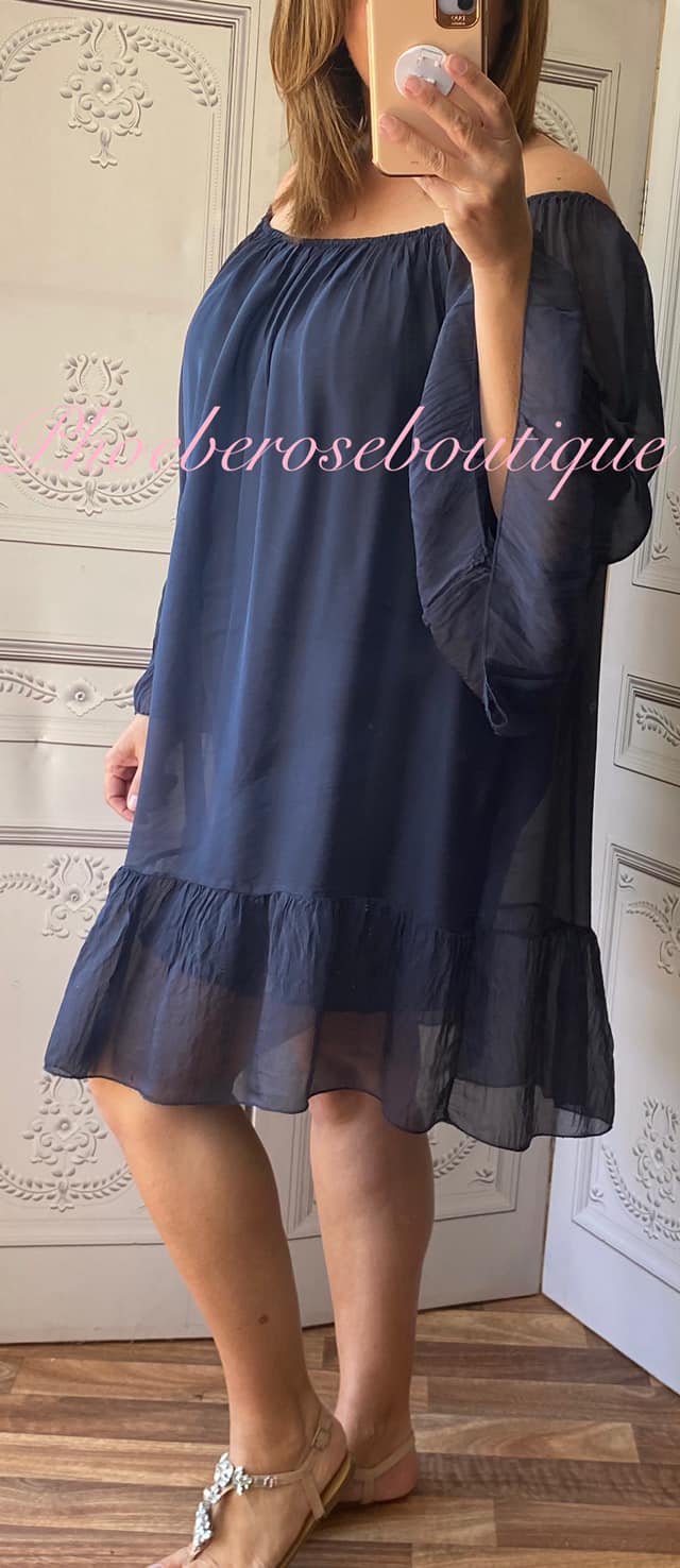 Lux Silk Bardot Frill Hem and Sleeve Dress/Tunic - Navy - Image 3