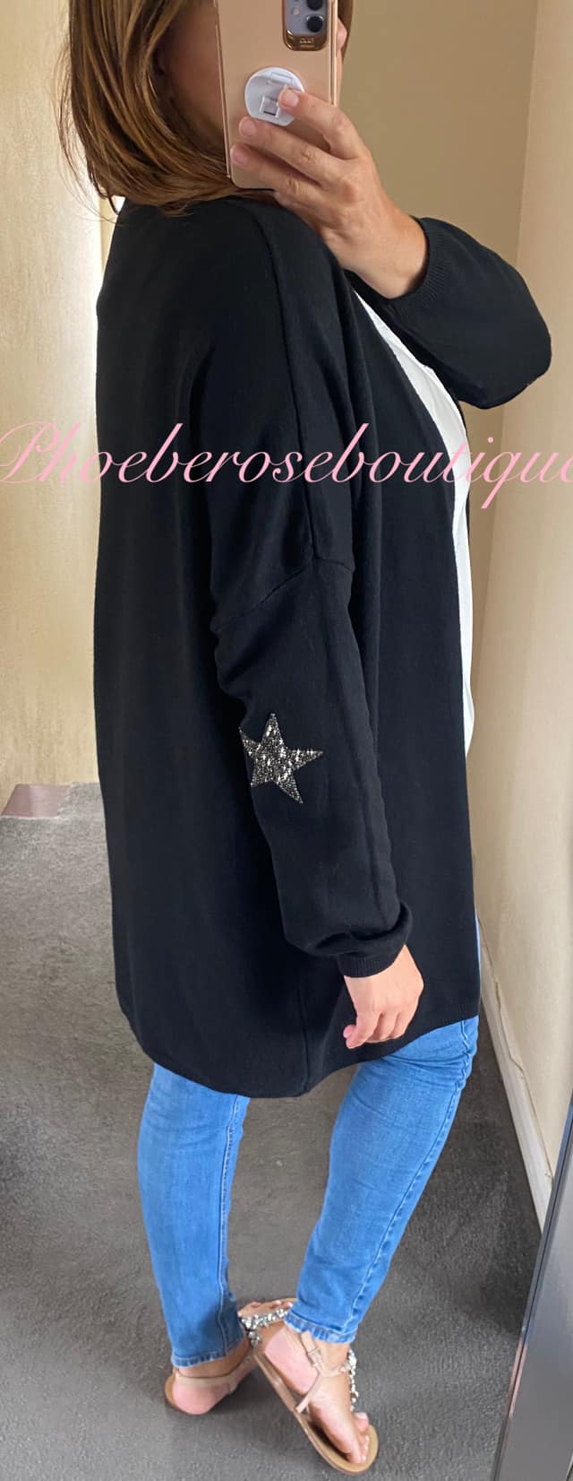 Super Soft Knit Sparkly Star Trim Cardigan- Black - Image 3