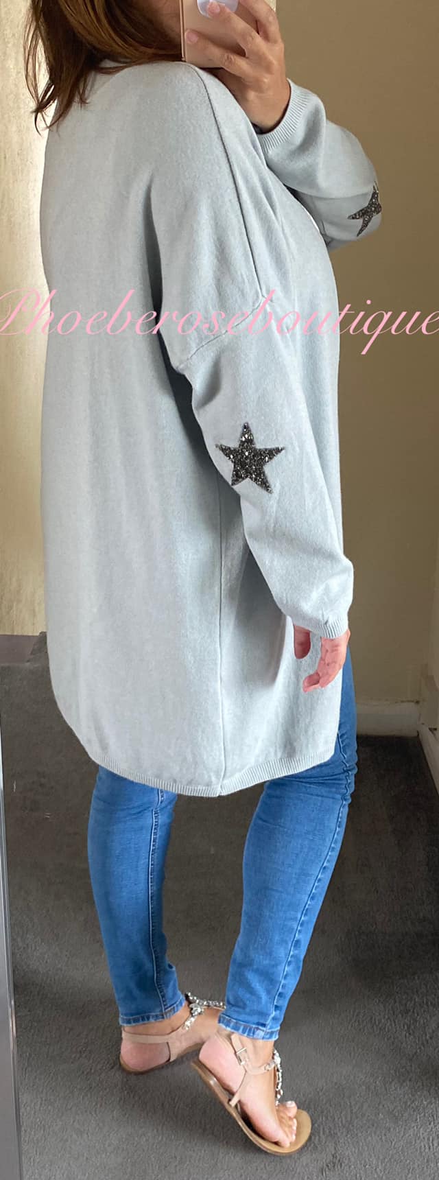 Super Soft Knit Sparkly Star Trim Cardigan- Soft Grey - Image 3