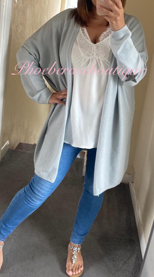 Super Soft Knit Sparkly Star Trim Cardigan- Soft Grey