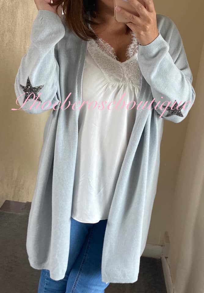 Super Soft Knit Sparkly Star Trim Cardigan- Soft Grey