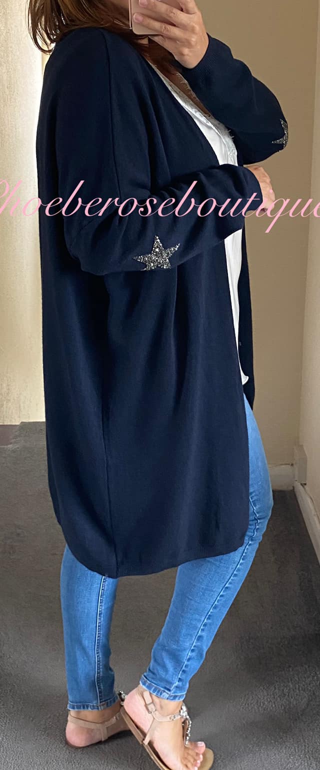 Super Soft Knit Sparkly Star Trim Cardigan- Navy