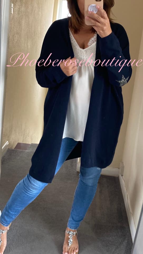 Super Soft Knit Sparkly Star Trim Cardigan- Navy - Image 3