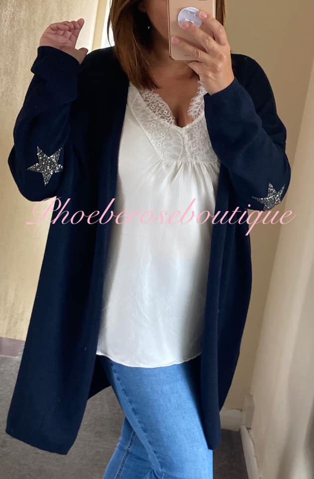 Super Soft Knit Sparkly Star Trim Cardigan- Navy