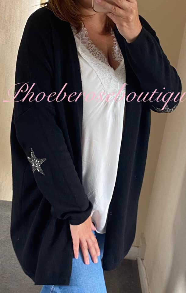 Super Soft Knit Sparkly Star Trim Cardigan- Black