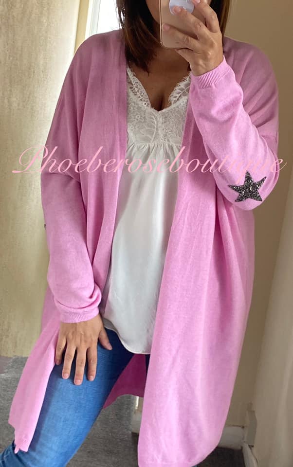Super Soft Knit Sparkly Star Trim Cardigan- Rose Pink - Image 3