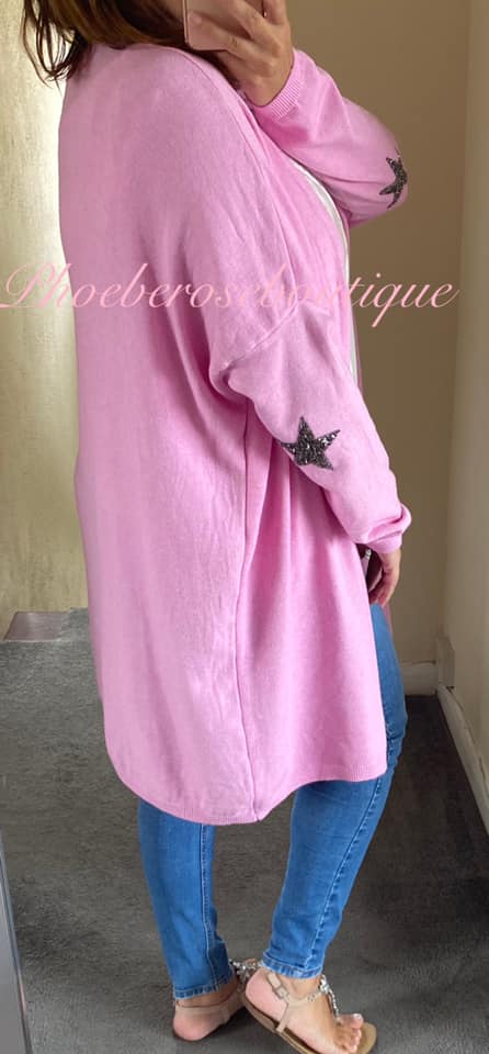 Super Soft Knit Sparkly Star Trim Cardigan- Rose Pink
