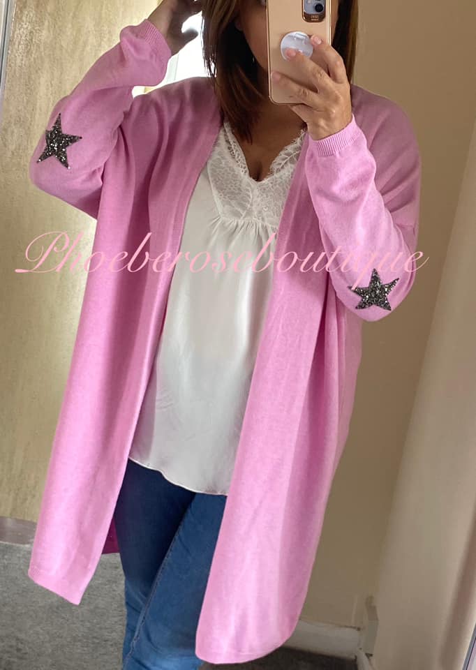 Super Soft Knit Sparkly Star Trim Cardigan- Rose Pink