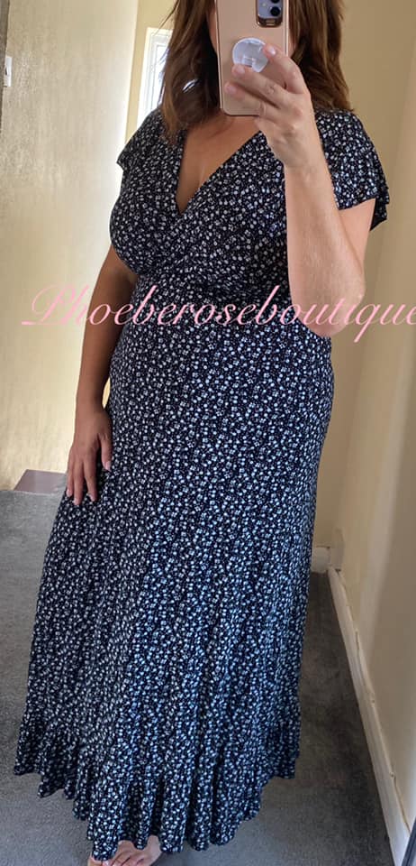 Ditsy Floral Print Wrap Front Frill Hem Dress - Black