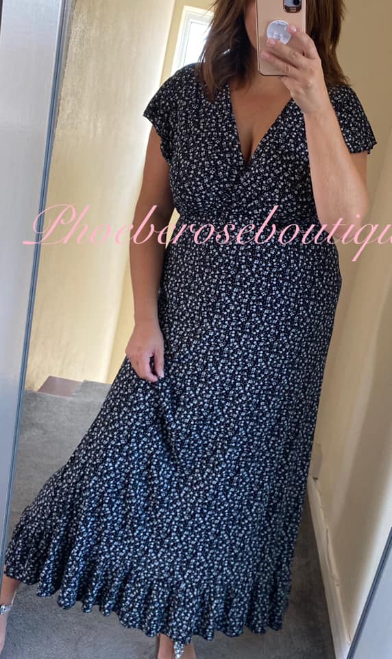 Ditsy Floral Print Wrap Front Frill Hem Dress - Black